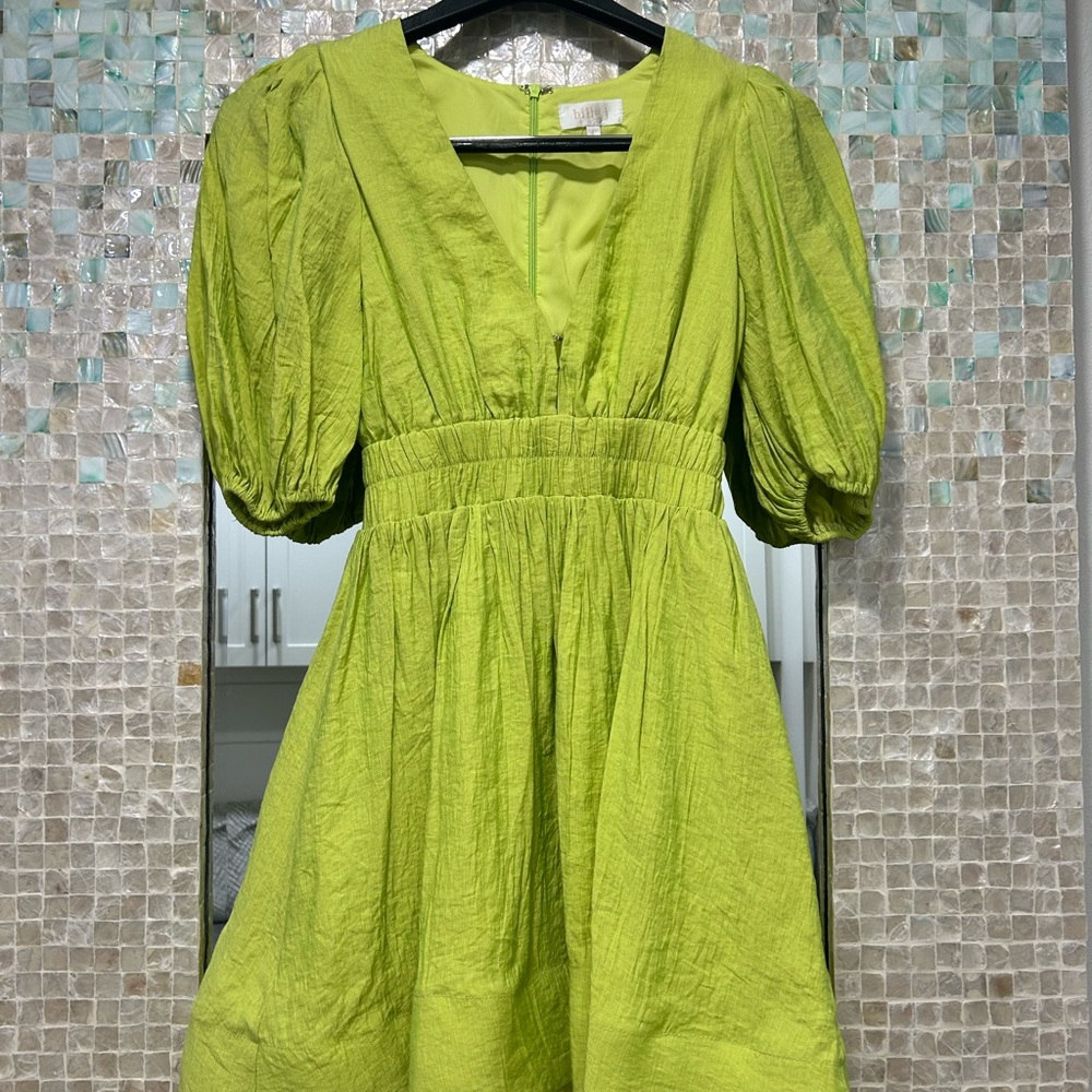 V-Neck Puff Sleeve Lime Green Mini Dress